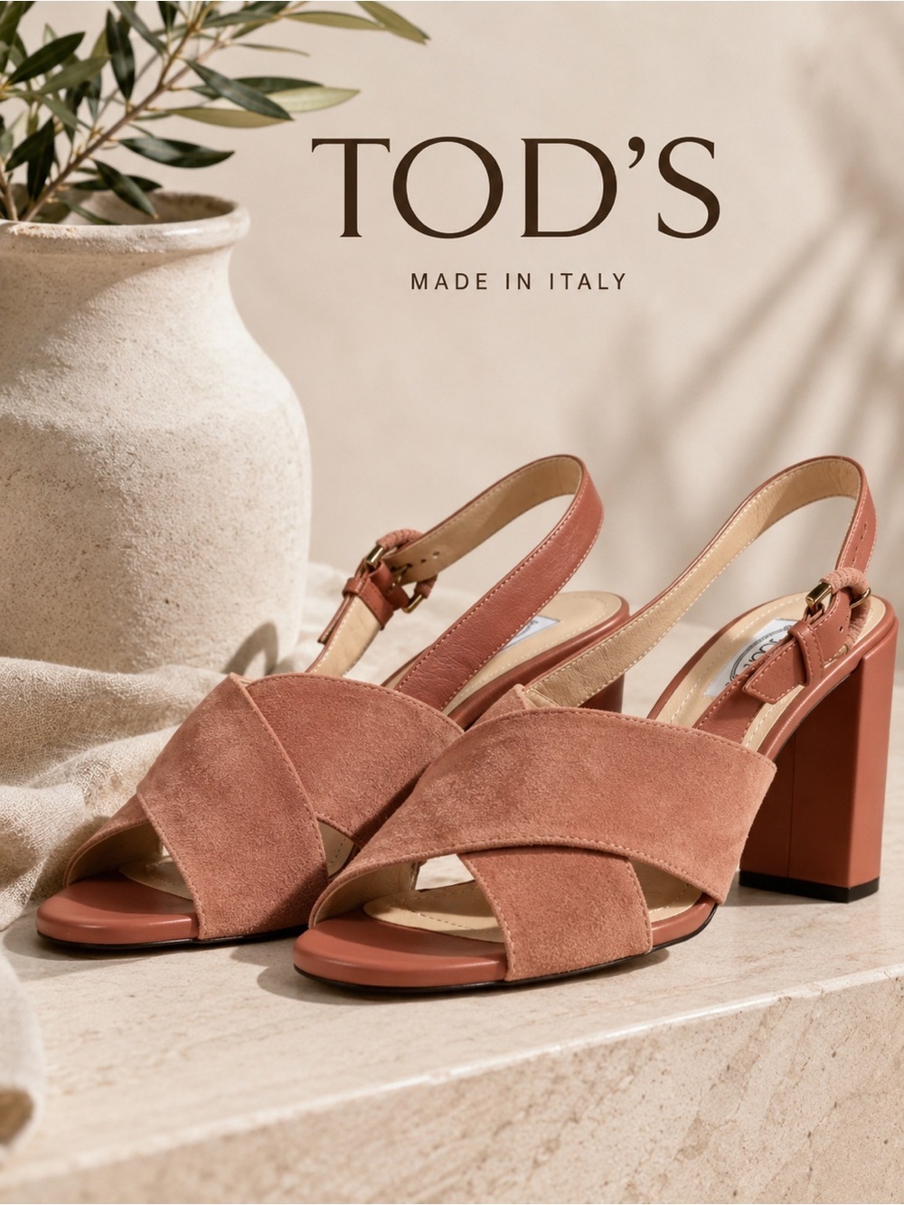 NWOT Tod’s Slingback Suede & Leather Cross Strap Block Heels in “Antique Rose”